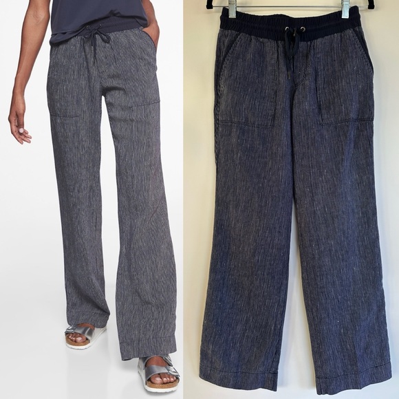 Athleta Pants - ATHLETA Bali 100% Linen Pull On Pants Womens Size 4 Navy Stripe Nautical Coastal